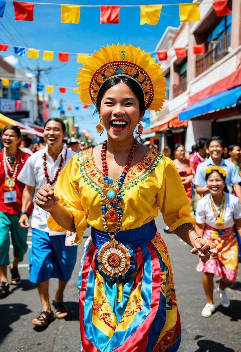 A lively street scene showcasing a vibrant Filipino festival, featuring colorful traditional costumes, street performers, and people laughing joyfully. Include elements of pop culture with humorous signs and playful caricatures referencing local icons. The background should display festive decorations and a bright sky, capturing the essence of joy and celebration amidst a hint of playful scandal. vibrant colors. super-realistic.