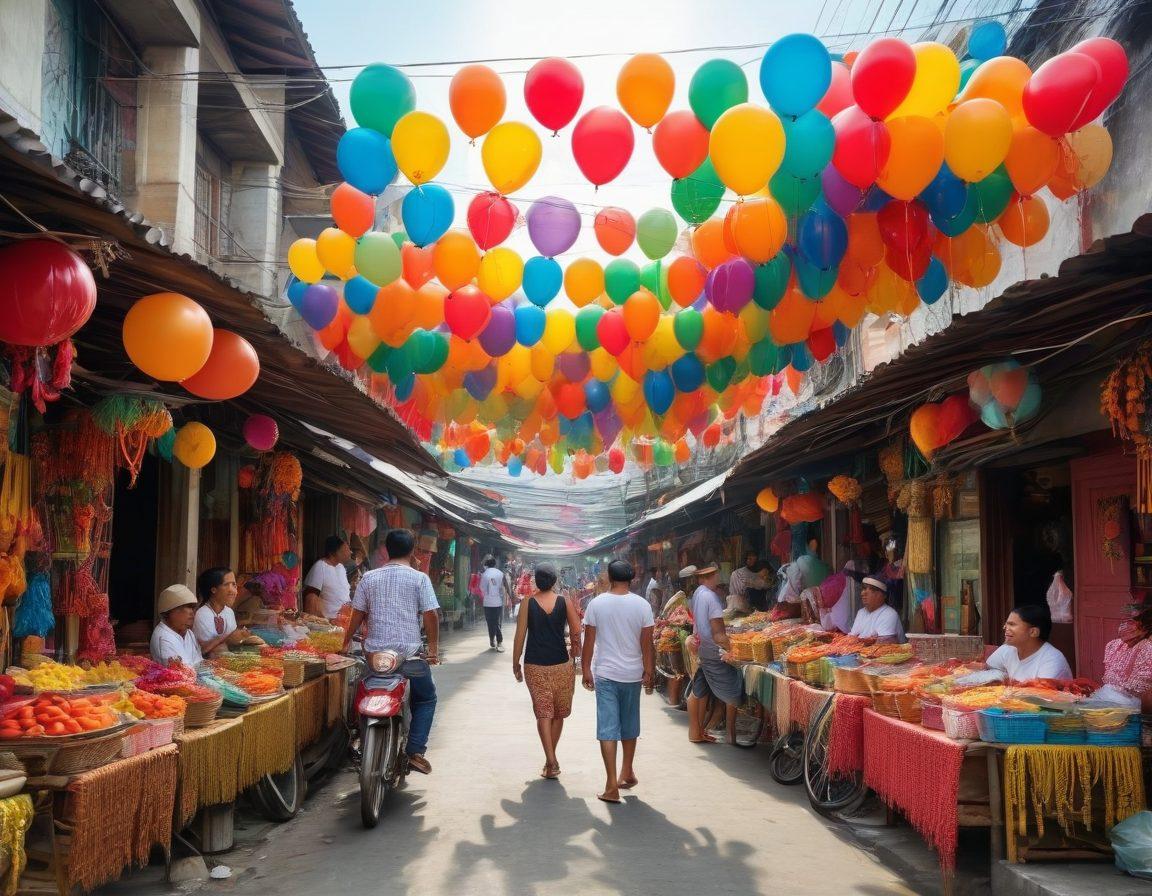 A vibrant street scene in the Philippines filled with colorful street vendors and laughing locals sharing stories. In the foreground, a group of friends animatedly discussing a recent gossip while traditional Filipino decorations surround them. Bright balloons and festoons symbolize celebration, reflecting a community finding joy in controversies. Capture the essence of humor and resilience in Philippine culture. vibrant colors. super-realistic.