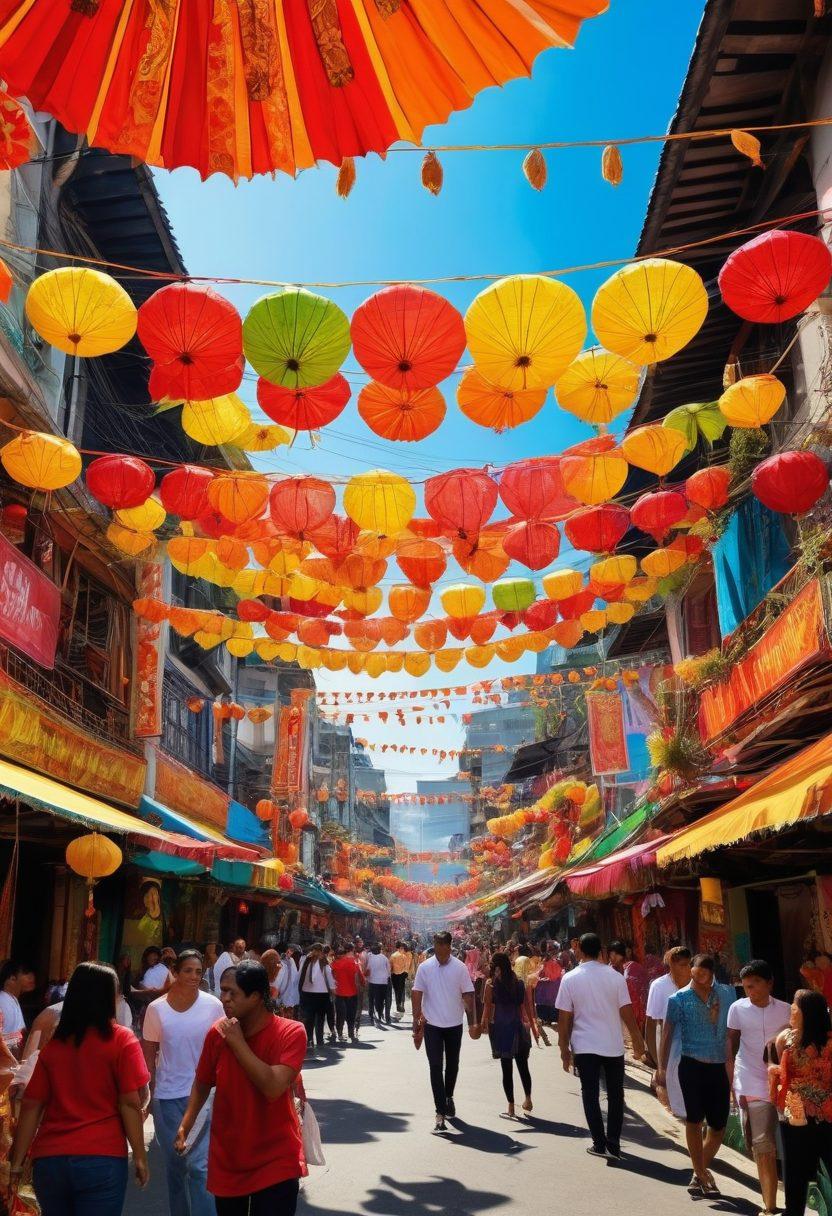 A vibrant scene showcasing diverse Filipino icons in pop culture, intermingled with elements of celebrity drama, featuring a festive atmosphere with colorful traditional decorations, like parols and sinulog dancers. Include bright banners with inspirational phrases in Filipino, and artists from various fields such as music and film in action. The background is a lively cityscape, reflecting both modern and traditional influences. super-realistic. vibrant colors. dynamic composition.